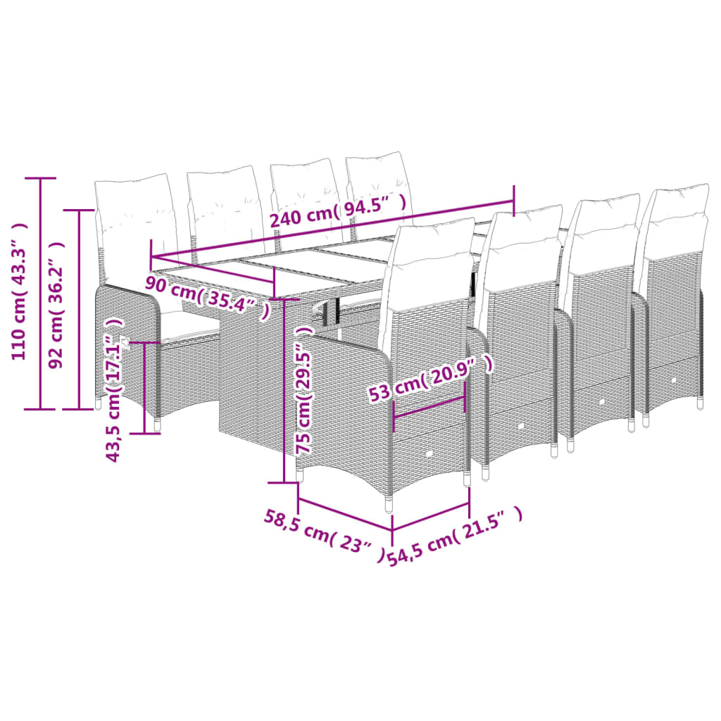 vidaXL 11-tlg. Garten-Bistro-Set mit Kissen Beige Poly Rattan