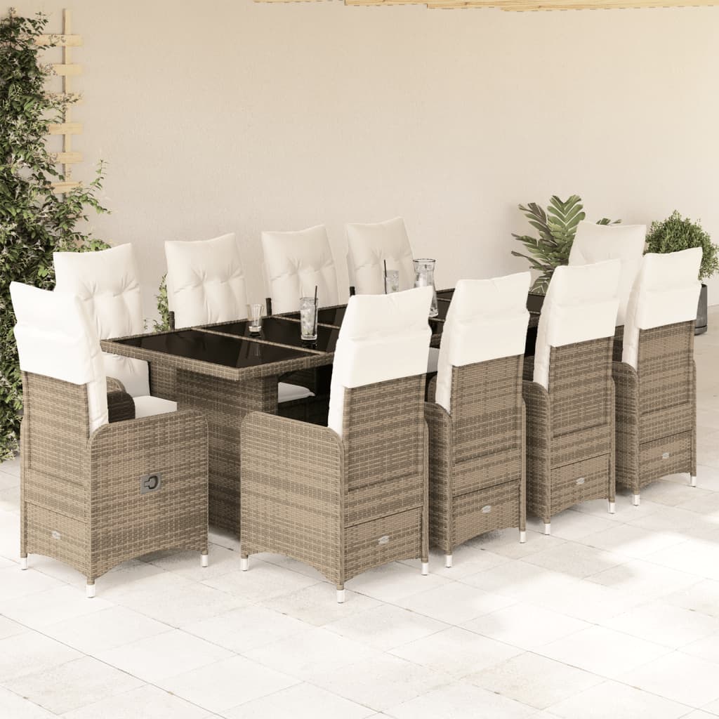 vidaXL 11-tlg. Garten-Bistro-Set mit Kissen Beige Poly Rattan