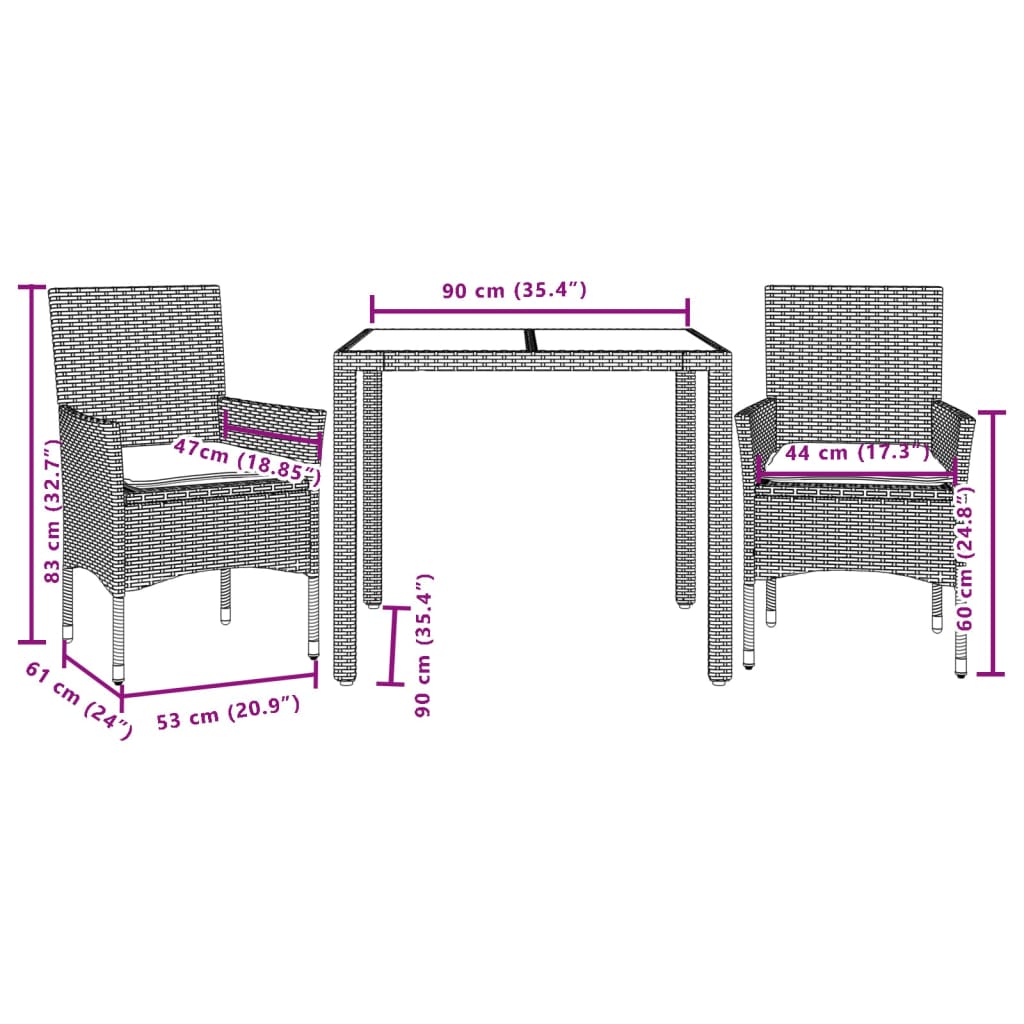 vidaXL 3-tlg. Garten-Essgruppe mit Kissen Schwarz Poly Rattan Glas