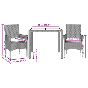 vidaXL 3-tlg. Garten-Essgruppe mit Kissen Schwarz Poly Rattan Glas