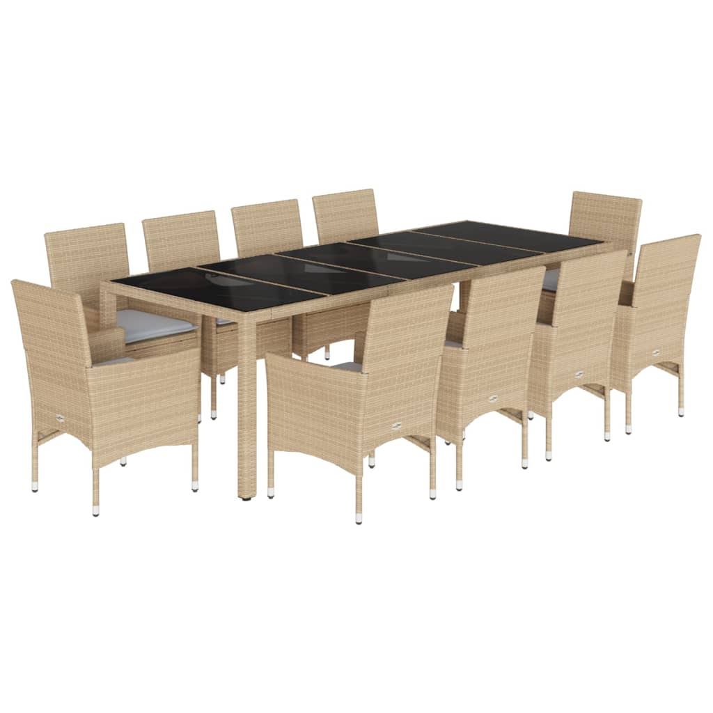 vidaXL 11-tlg. Garten-Essgruppe mit Kissen Beige Poly Rattan und Glas