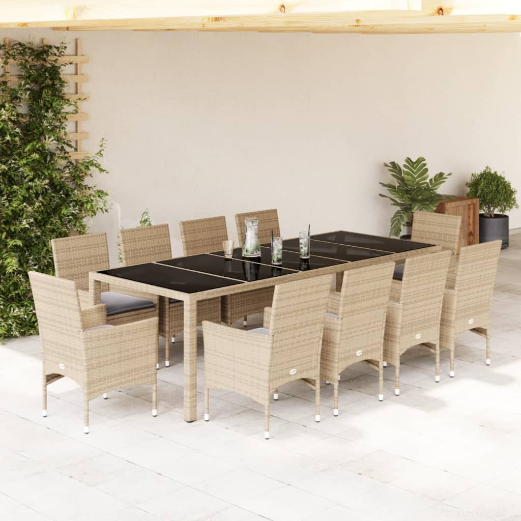 vidaXL 11-tlg. Garten-Essgruppe mit Kissen Beige Poly Rattan und Glas