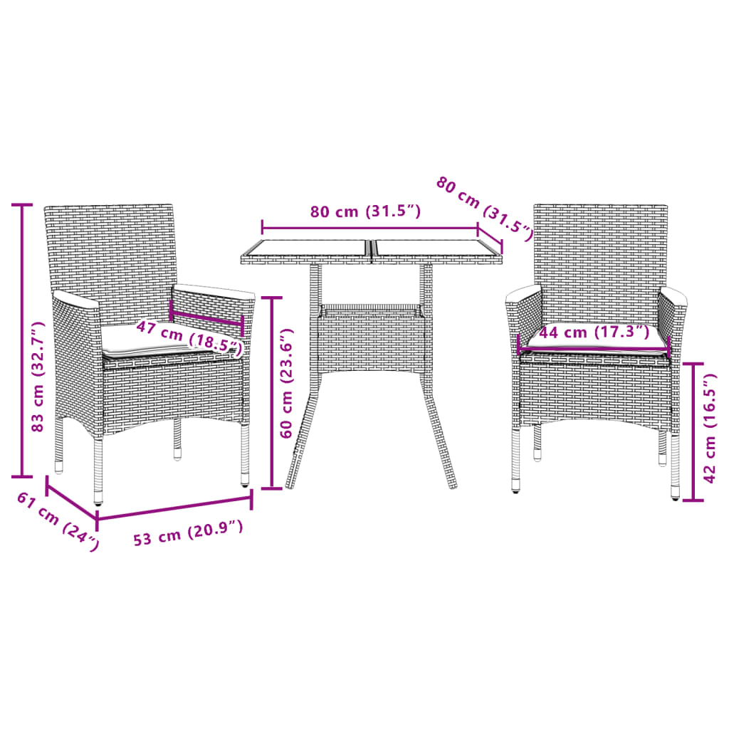 vidaXL 3-tlg. Garten-Essgruppe mit Kissen Grau Poly Rattan Akazie