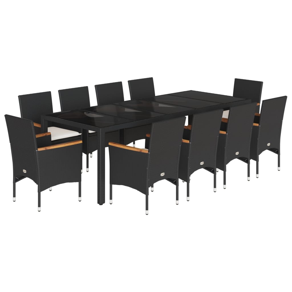 vidaXL 11-tlg. Garten-Essgruppe mit Kissen Schwarz Poly Rattan Glas