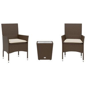 vidaXL 3-tlg. Bistro-Set mit Kissen Braun Poly Rattan und Glas