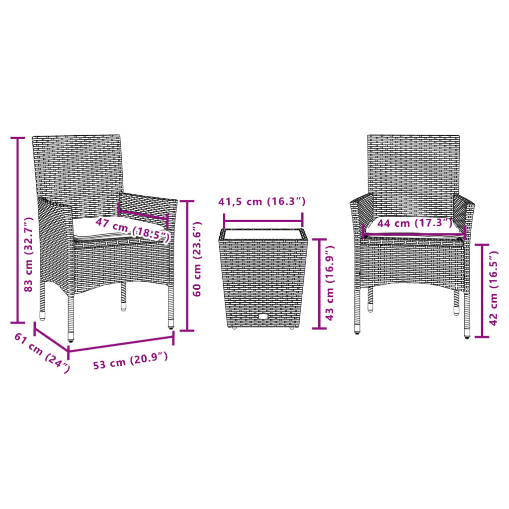 vidaXL 3-tlg. Bistro-Set mit Kissen Braun Poly Rattan und Glas