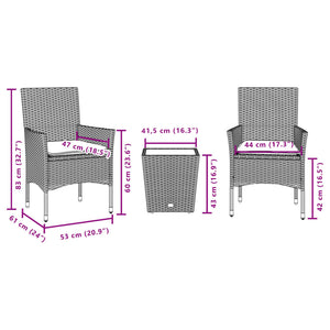 vidaXL 3-tlg. Bistro-Set mit Kissen Braun Poly Rattan und Glas