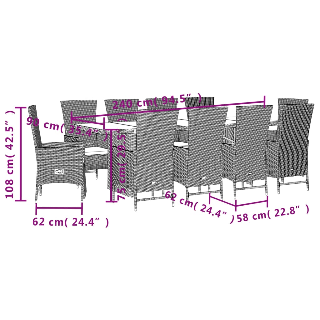 vidaXL 11-tlg. Garten-Essgruppe mit Kissen Beige Poly Rattan