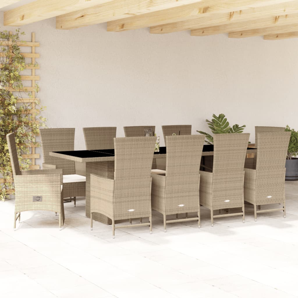 vidaXL 11-tlg. Garten-Essgruppe mit Kissen Beige Poly Rattan