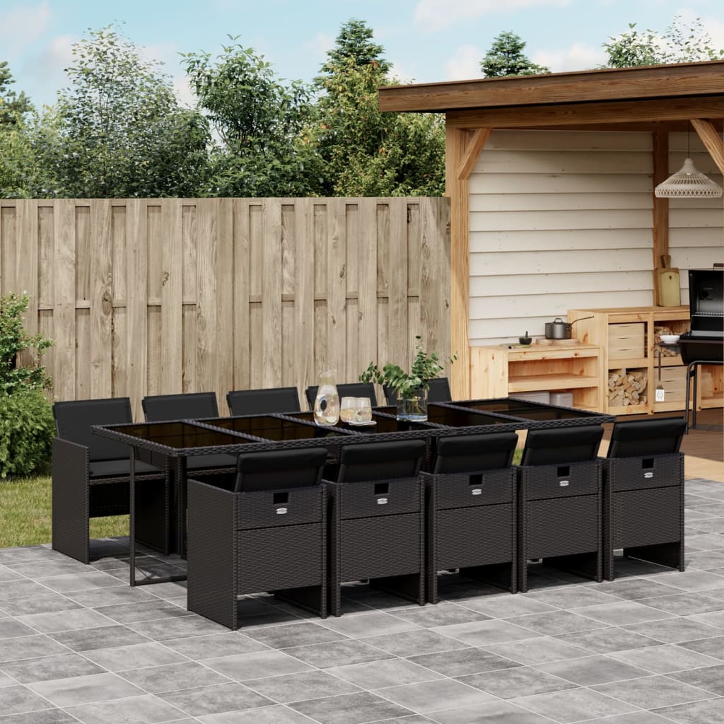 vidaXL 11-tlg. Garten-Essgruppe mit Kissen Schwarz Poly Rattan