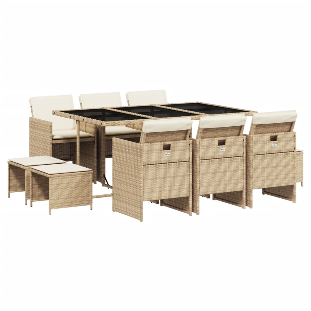 vidaXL 11-tlg. Garten-Essgruppe mit Kissen Beige Poly Rattan