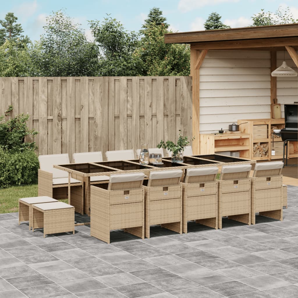 vidaXL 15-tlg. Garten-Essgruppe mit Kissen Beige Poly Rattan