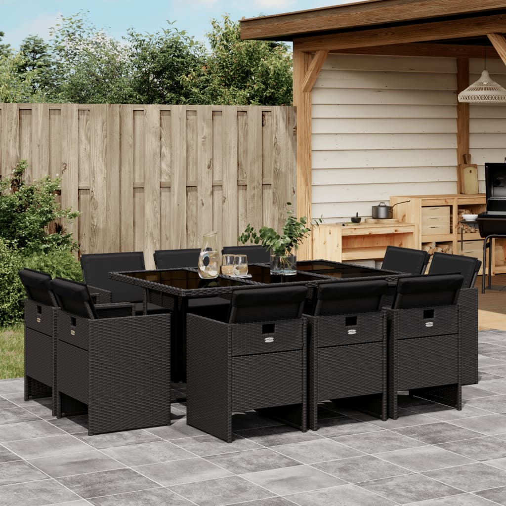 vidaXL 11-tlg. Garten-Essgruppe mit Kissen Schwarz Poly Rattan