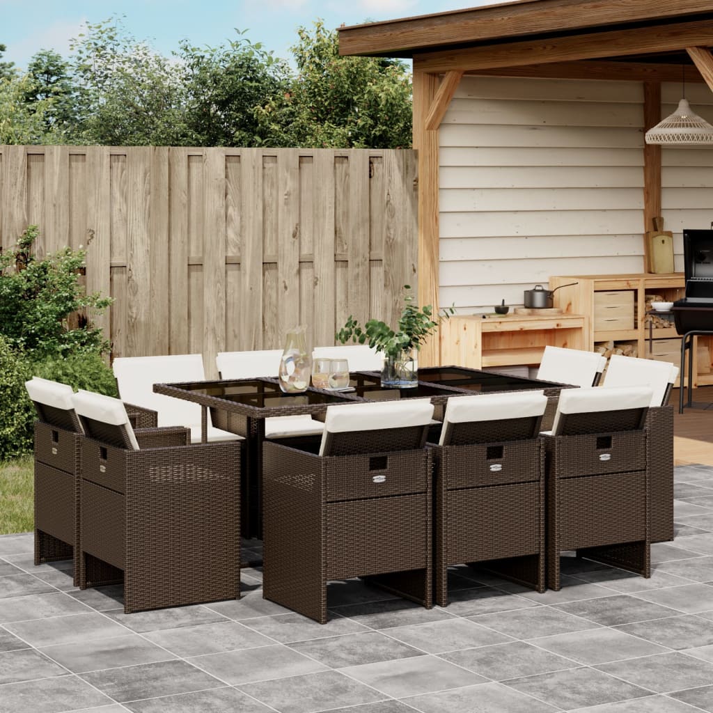 vidaXL 11-tlg. Garten-Essgruppe mit Kissen Braun Poly Rattan