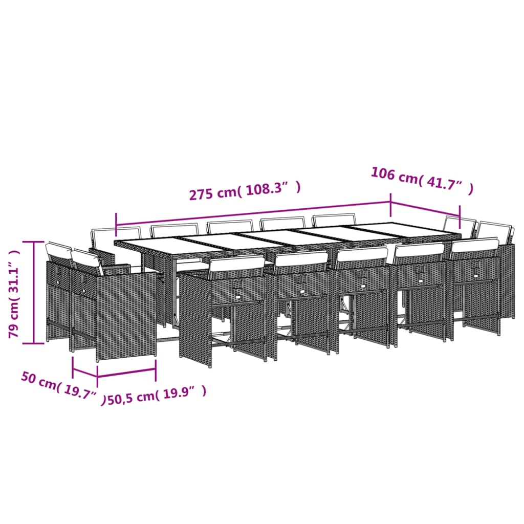 vidaXL 15-tlg. Garten-Essgruppe mit Kissen Grau Poly Rattan