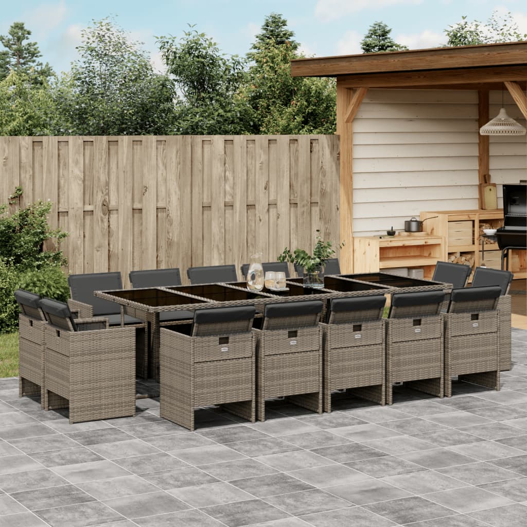 vidaXL 15-tlg. Garten-Essgruppe mit Kissen Grau Poly Rattan