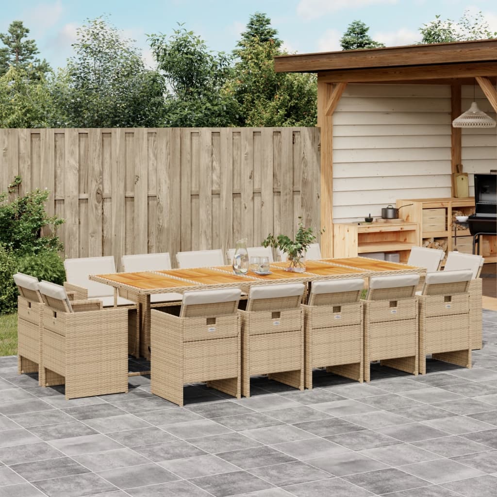 vidaXL 15-tlg. Garten-Essgruppe mit Kissen Beige Poly Rattan