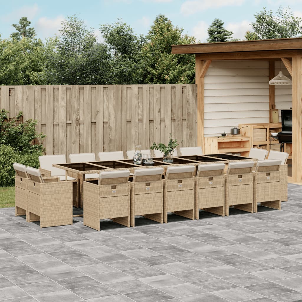 vidaXL 17-tlg. Garten-Essgruppe mit Kissen Beige Poly Rattan