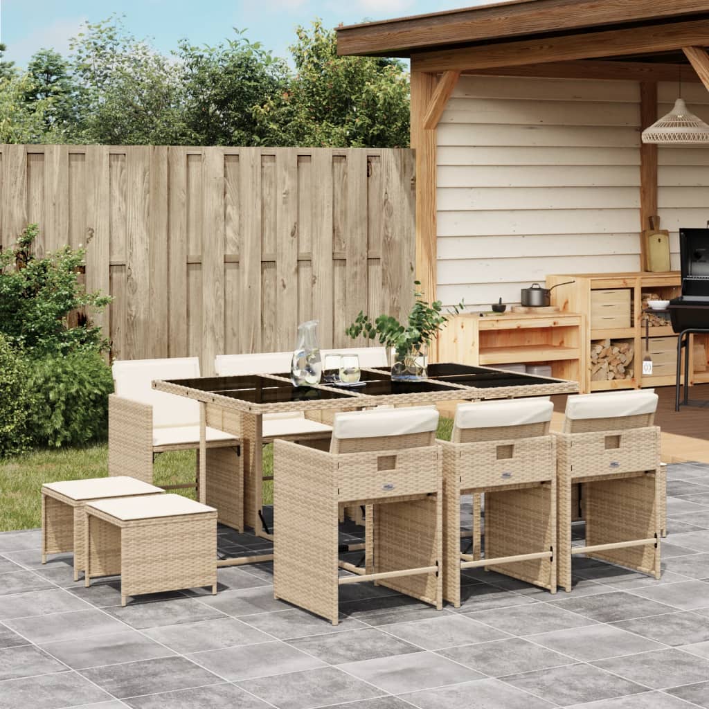 vidaXL 11-tlg. Garten-Essgruppe mit Kissen Beige Poly Rattan