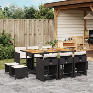 vidaXL 11-tlg. Garten-Essgruppe mit Kissen Schwarz Poly Rattan