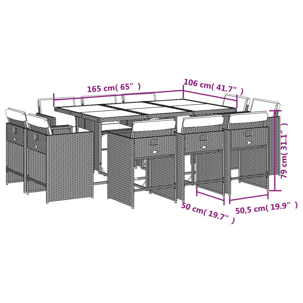 vidaXL 11-tlg. Garten-Essgruppe mit Kissen Schwarz Poly Rattan