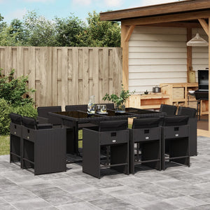 vidaXL 11-tlg. Garten-Essgruppe mit Kissen Schwarz Poly Rattan