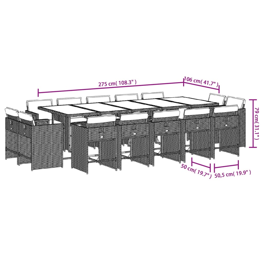 vidaXL 15-tlg. Garten-Essgruppe mit Kissen Schwarz Poly Rattan