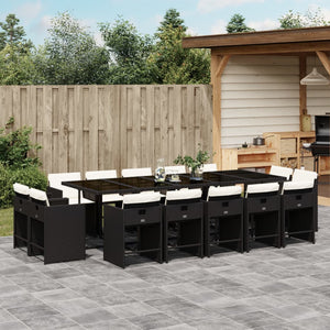 vidaXL 15-tlg. Garten-Essgruppe mit Kissen Schwarz Poly Rattan