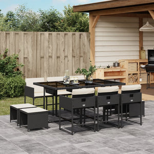 vidaXL 11-tlg. Garten-Essgruppe mit Kissen Schwarz Poly Rattan