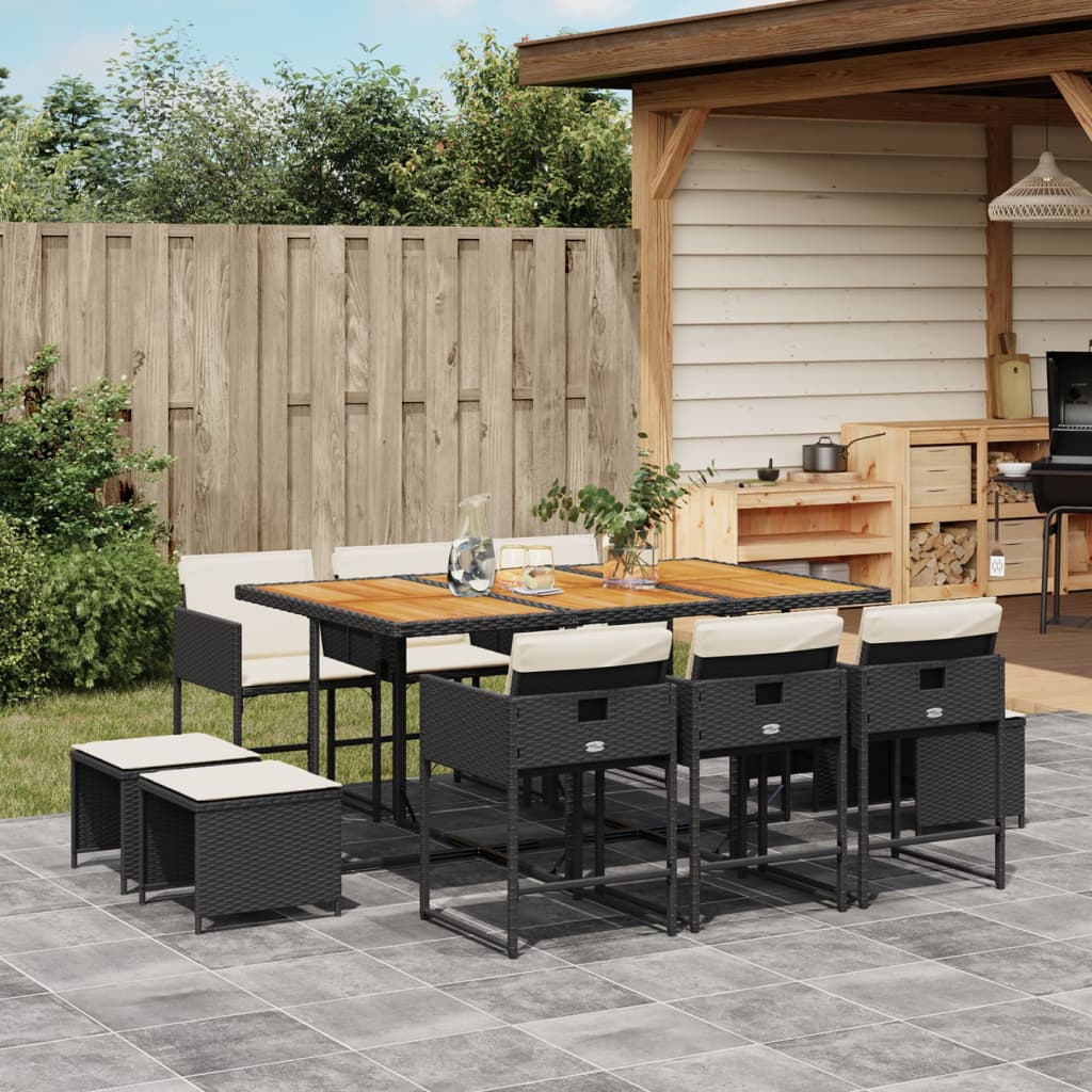 vidaXL 11-tlg. Garten-Essgruppe mit Kissen Schwarz Poly Rattan