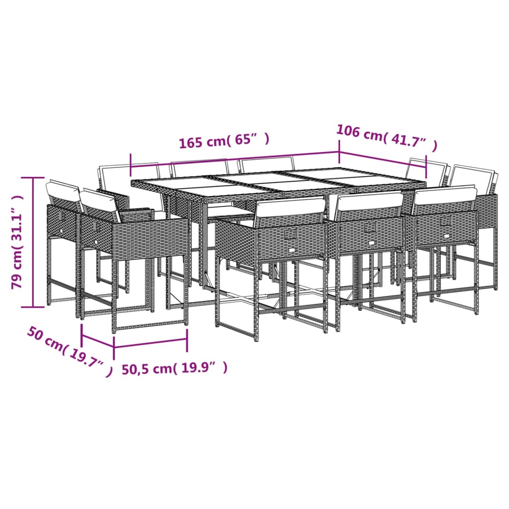 vidaXL 11-tlg. Garten-Essgruppe mit Kissen Schwarz Poly Rattan