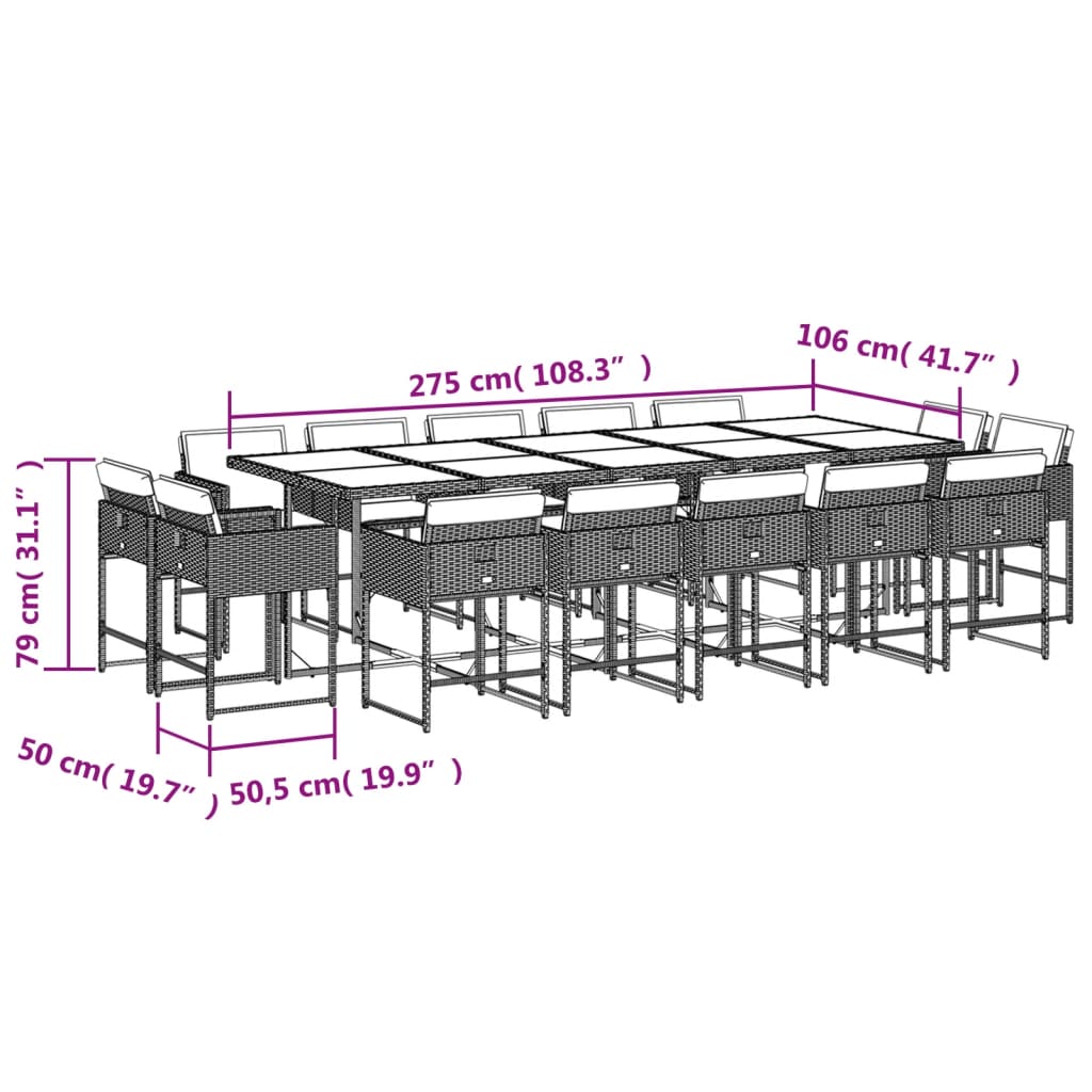 vidaXL 15-tlg. Garten-Essgruppe mit Kissen Schwarz Poly Rattan