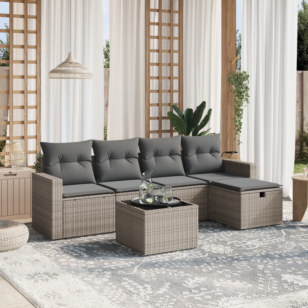 vidaXL 6-tlg. Garten-Sofagarnitur mit Kissen Grau Poly Rattan