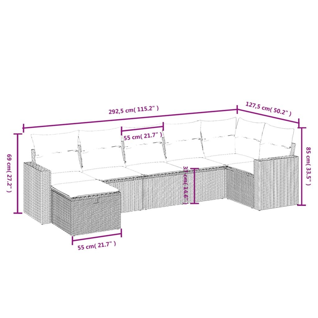 vidaXL 7-tlg. Garten-Sofagarnitur mit Kissen Grau Poly Rattan