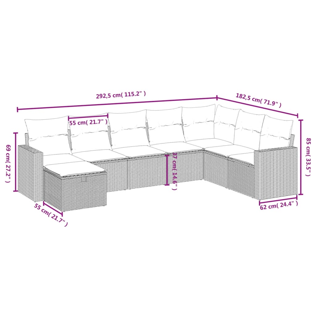 vidaXL 8-tlg. Garten-Sofagarnitur mit Kissen Grau Poly Rattan