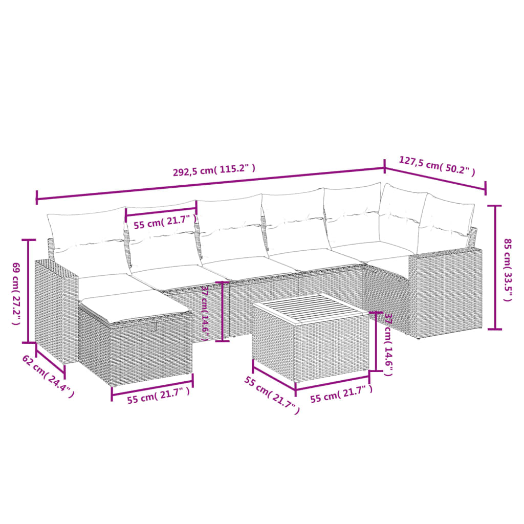 vidaXL 8-tlg. Garten-Sofagarnitur mit Kissen Grau Poly Rattan