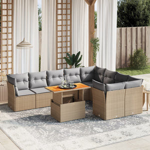 vidaXL 10-tlg. Garten-Sofagarnitur mit Kissen Beige Poly Rattan