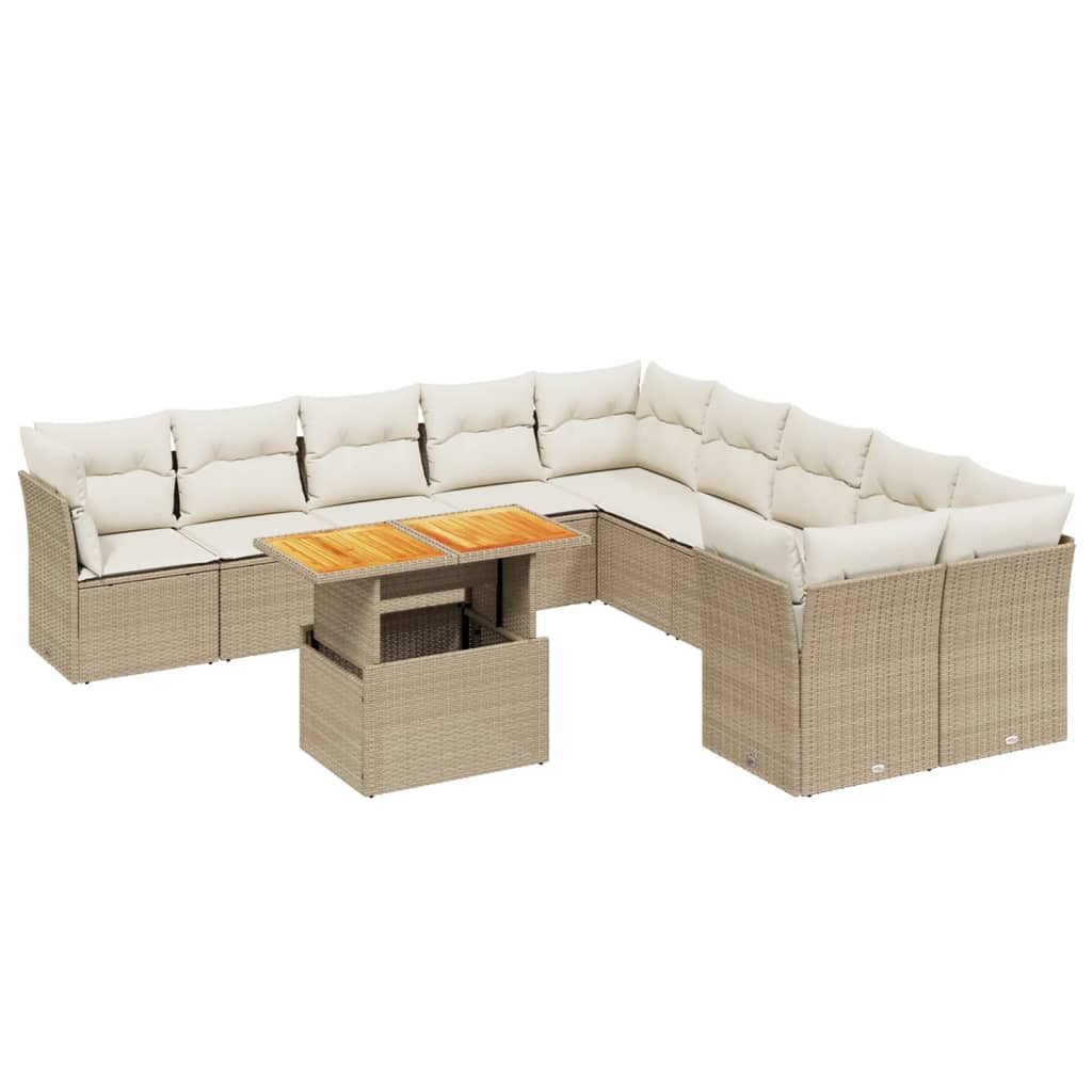 vidaXL 11-tlg. Garten-Sofagarnitur mit Kissen Beige Poly Rattan