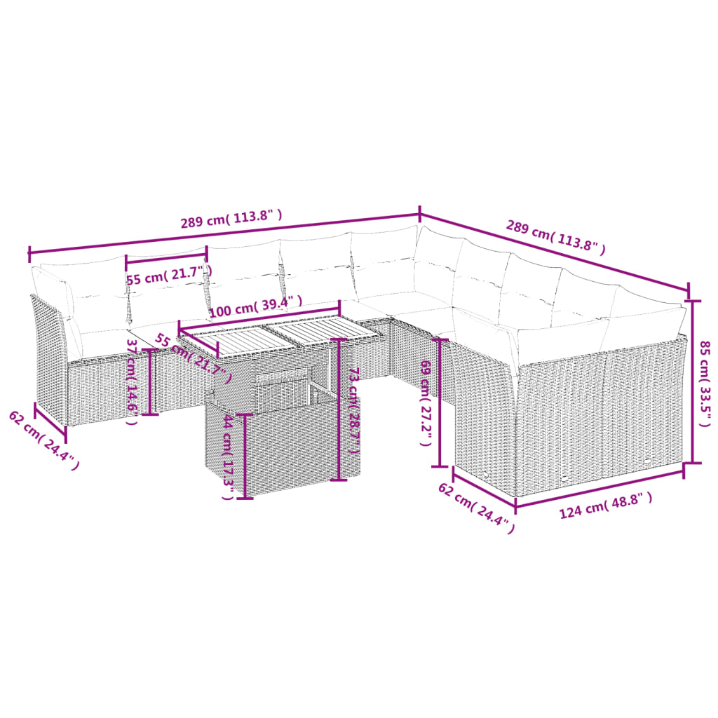 vidaXL 11-tlg. Garten-Sofagarnitur mit Kissen Grau Poly Rattan