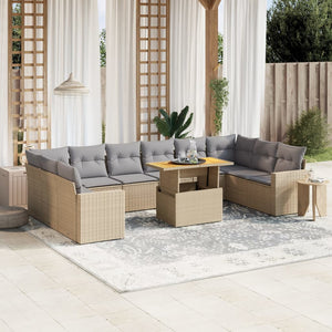 vidaXL 11-tlg. Garten-Sofagarnitur mit Kissen Beige Poly Rattan