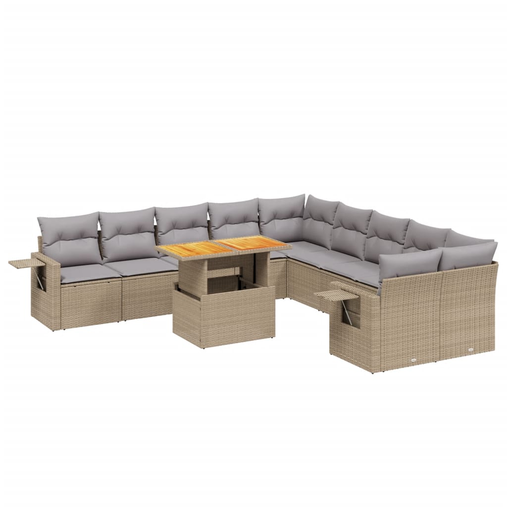 vidaXL 11-tlg. Garten-Sofagarnitur mit Kissen Beige Poly Rattan