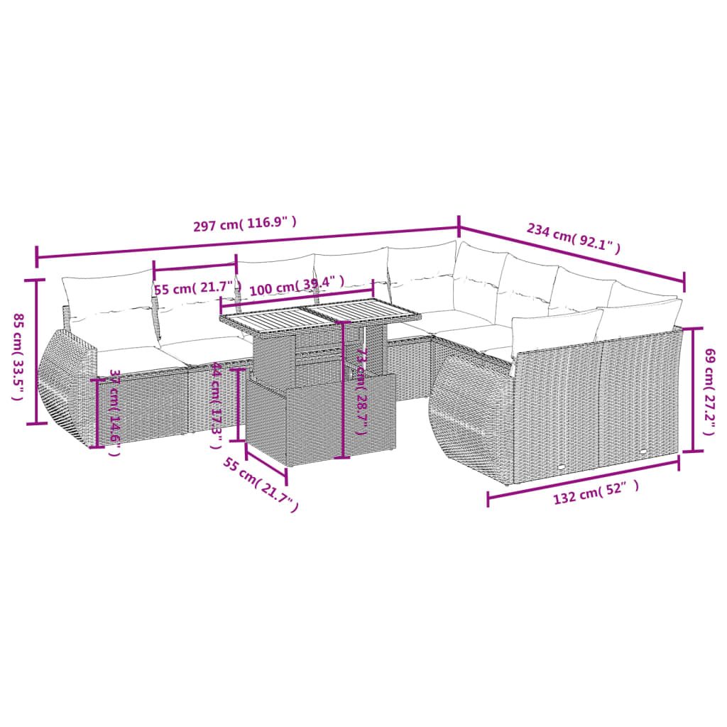 vidaXL 10-tlg. Garten-Sofagarnitur mit Kissen Grau Poly Rattan