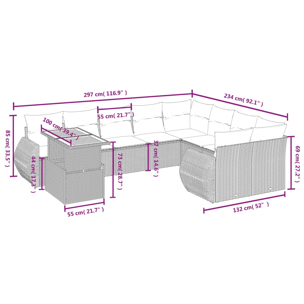 vidaXL 10-tlg. Garten-Sofagarnitur mit Kissen Grau Poly Rattan