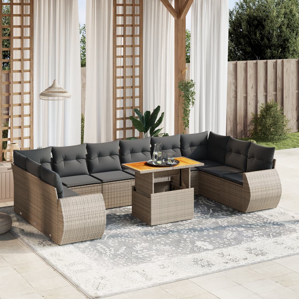 vidaXL 11-tlg. Garten-Sofagarnitur mit Kissen Grau Poly Rattan