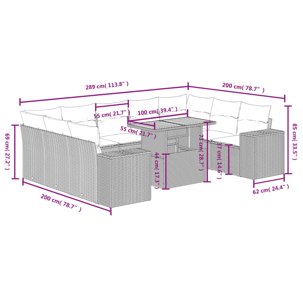 10-tlg. Garten-Sofagarnitur mit Kissen Beige Poly Rattan Stilecasa