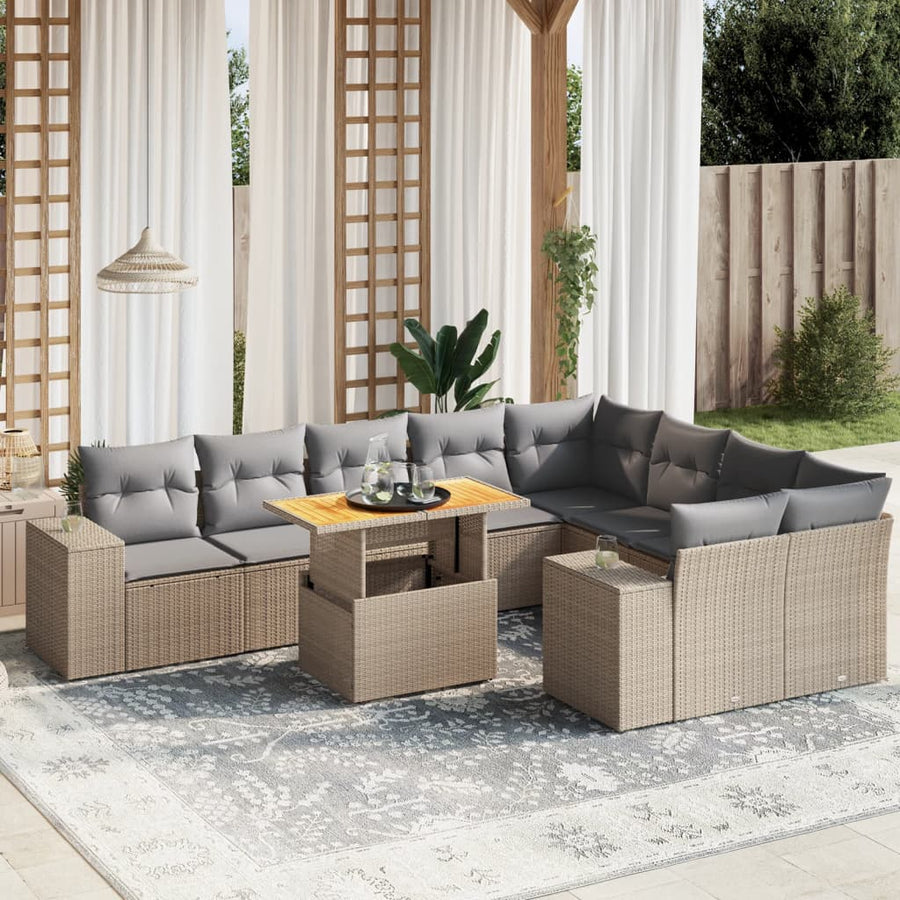 10-tlg. Garten-Sofagarnitur mit Kissen Beige Poly Rattan Stilecasa