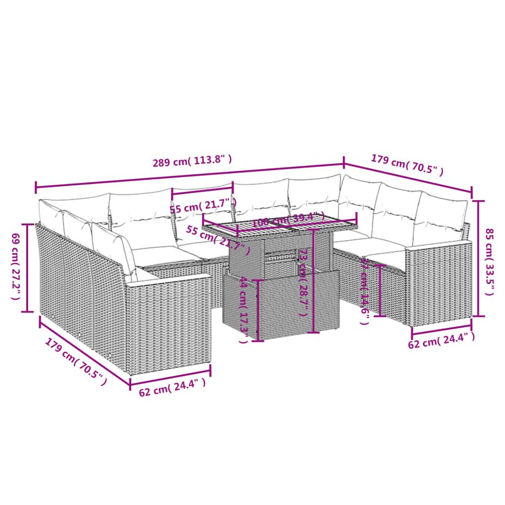 vidaXL 10-tlg. Garten-Sofagarnitur mit Kissen Beige Poly Rattan