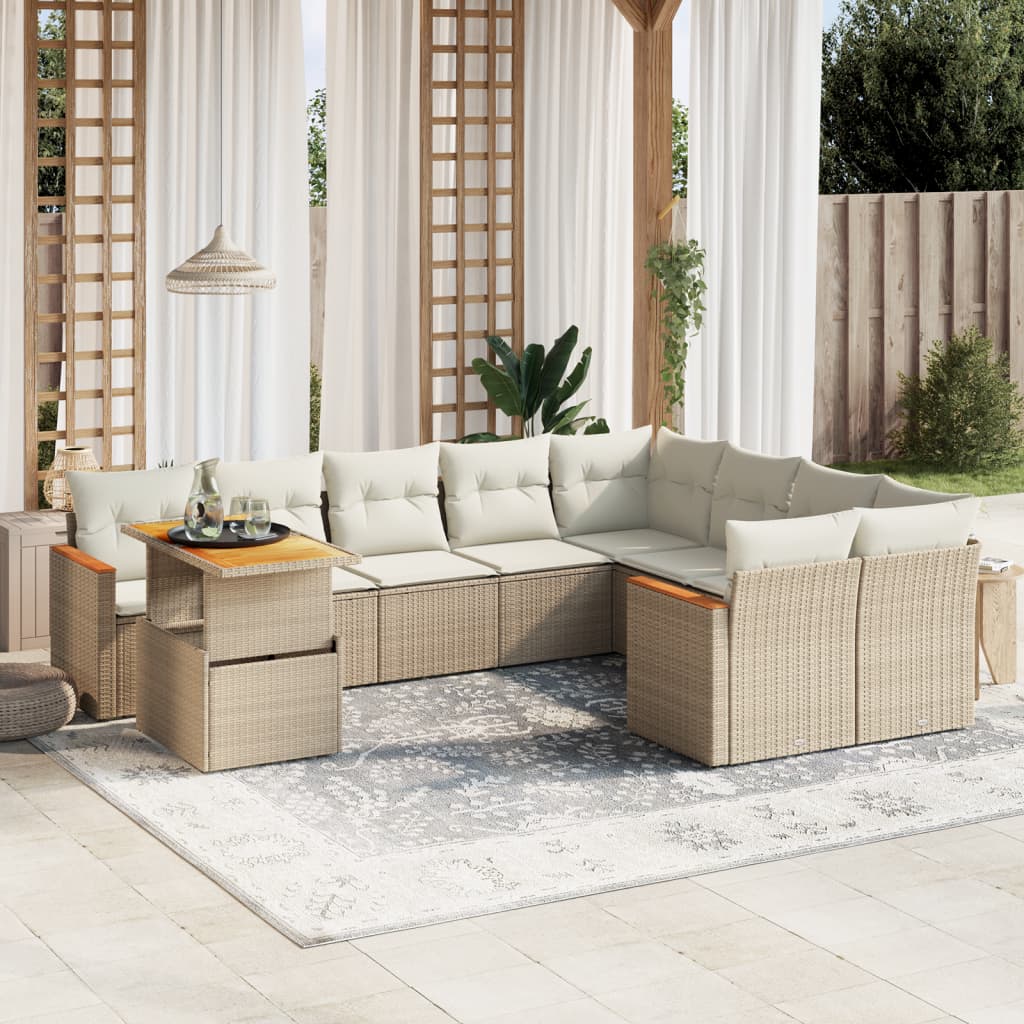 vidaXL 10-tlg. Garten-Sofagarnitur mit Kissen Beige Poly Rattan