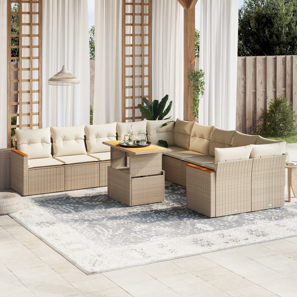 vidaXL 11-tlg. Garten-Sofagarnitur mit Kissen Beige Poly Rattan