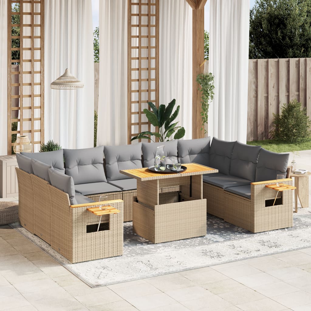 vidaXL 10-tlg. Garten-Sofagarnitur mit Kissen Beige Poly Rattan